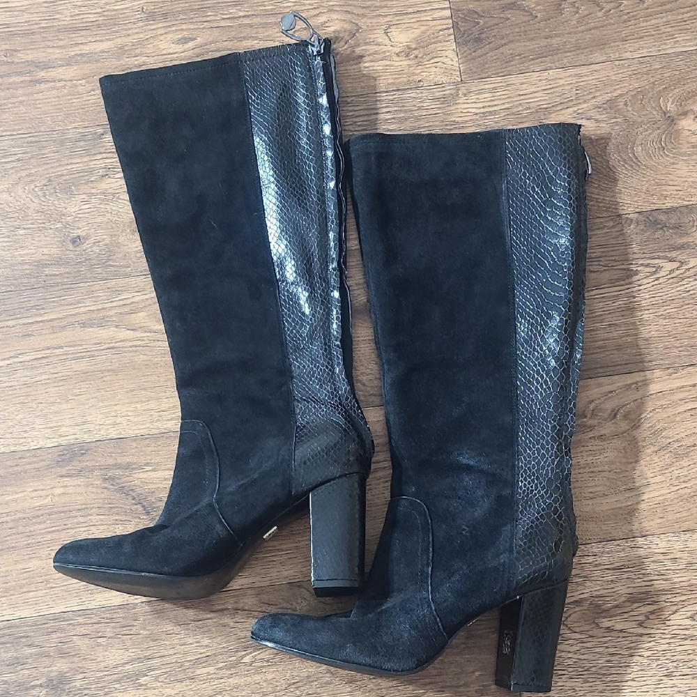 Anne Klein Black Heeled Boots with Snakeskin Detail